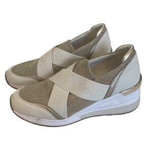 Michael Kors Womens Glitter Cream Slip-On Sneakers Size 7M Luxury Comfort Stretc